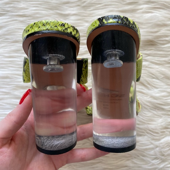 Schutz Neon Yellow Snake Print Leather Open Toe Heels - Picture 5 of 9